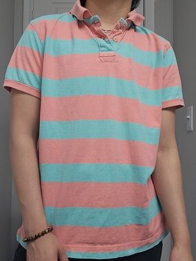 Red Camel Men’s Large Pink & Turquoise Striped Polo Shirt